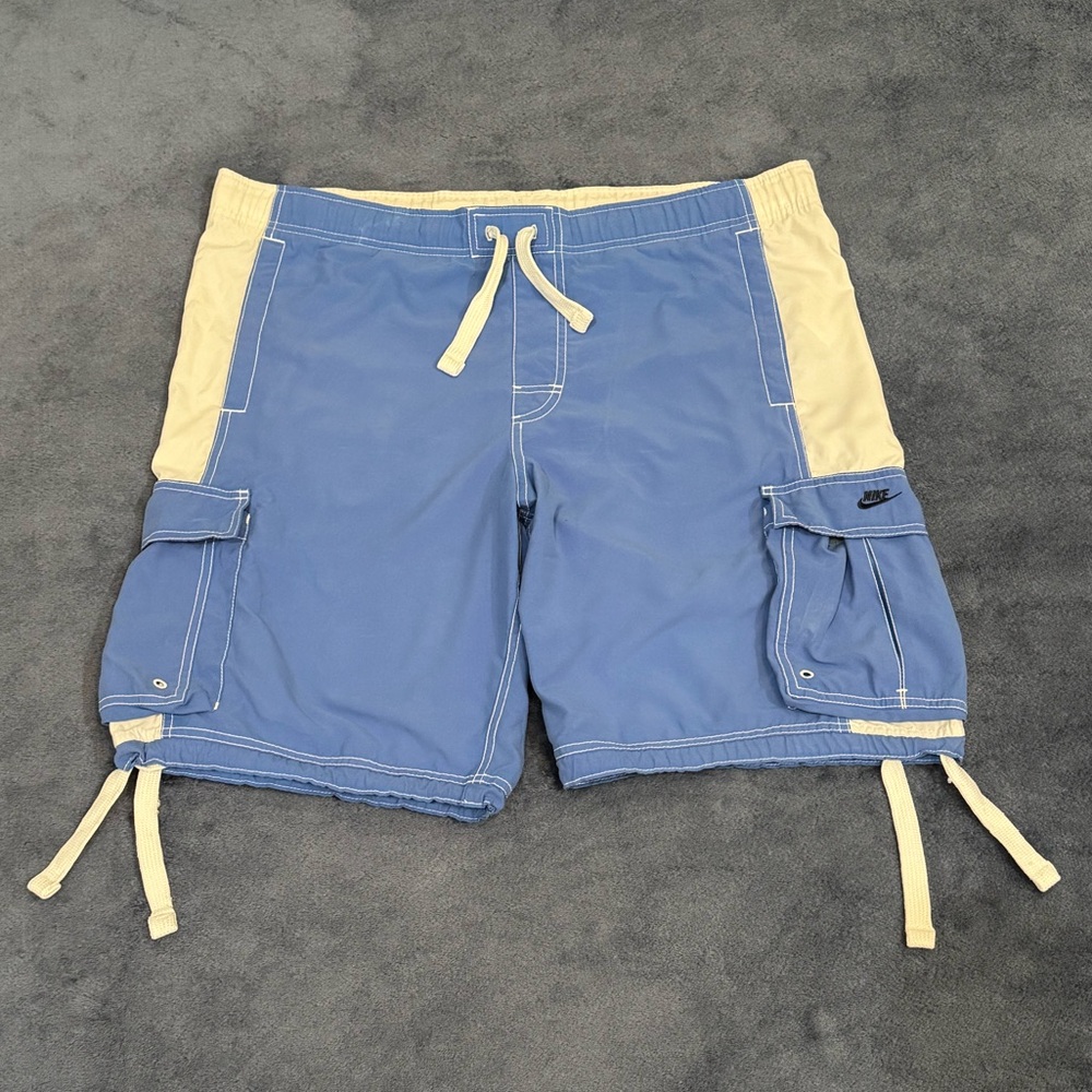 Vintage Nike Blue and White Cargo Board Shorts Surfing Swim Trunks